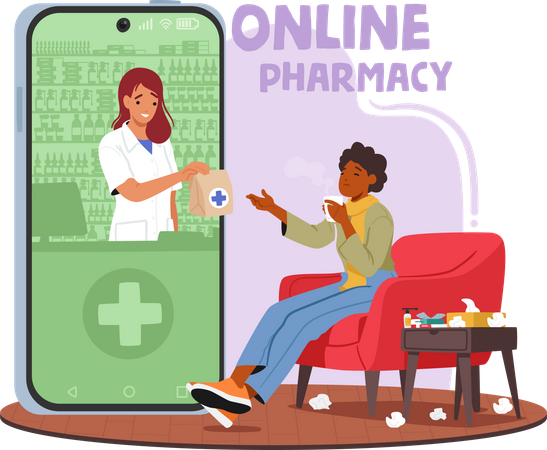 Ailing Woman Orders Medicine From An Online Pharmacy  Illustration