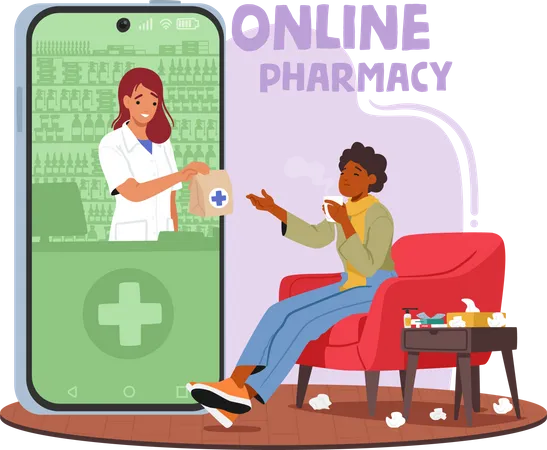 Ailing Woman Orders Medicine From An Online Pharmacy  Illustration