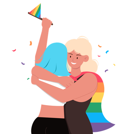 Couple lesbien aimant composé de deux femmes s'embrassant doucement et profitant de la célébration du mois de la fierté  Illustration