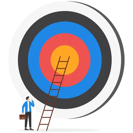 Aiming For A High Target Mission Plan And Strategy To Achieve Goal Business Opportunity Or Career Success Journey Concept Contemplate Businessman Hold Big Dart About To Climb Up Ladder To Bullseye Illustration