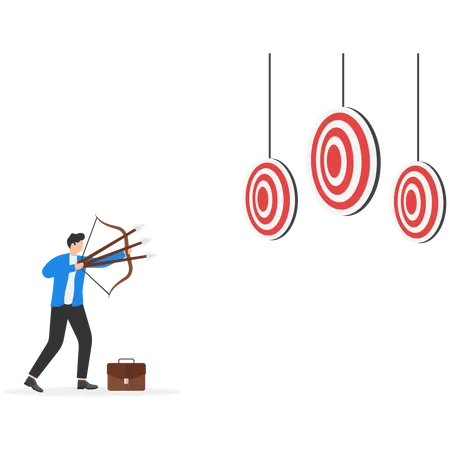 Aiming For Many Targets Or Goals In One Shot Multitasking Or Multi Purpose Strategy Skillful Businessman Aiming Multiple Bows On Three Targets Achieve More In One Time Illustration