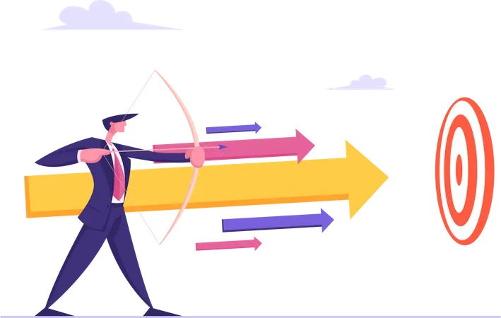 Businessman With Bow And Arrow Aiming Financial Growth Target Man Shooting At Target Goal Achievement Business Solution Strategy Concept Vector Flat Illustration Illustration