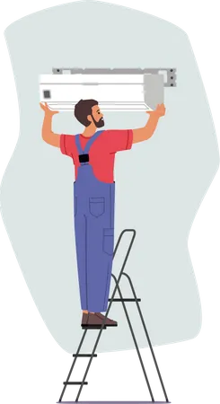 Air Conditioner Installation by Service Technician at Home Illustration