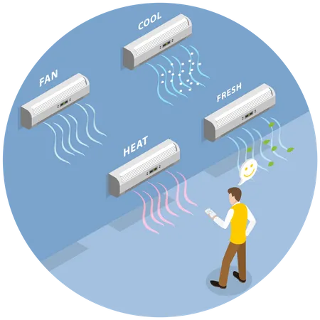 3 D Isometric Flat Vector Conceptual Illustration Of Split System Air Conditioners With Flows Of Cold Hot And Fresh Clean Air Illustration