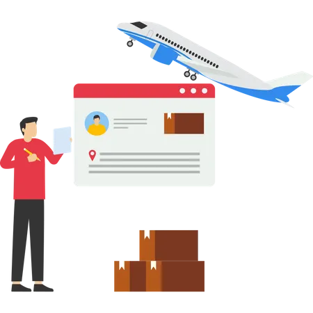 Air Transportation That Can Be Delivered Anywhere There Is A System That Allows Customers To Check Product Status Cross Country Delivery Flat Vector Illustration On A White Background イラスト