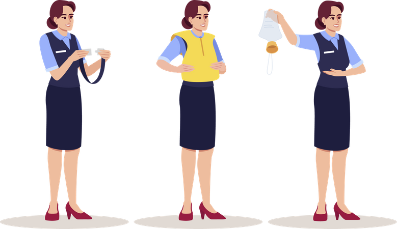 Air hostess explaining emergency precautions  イラスト