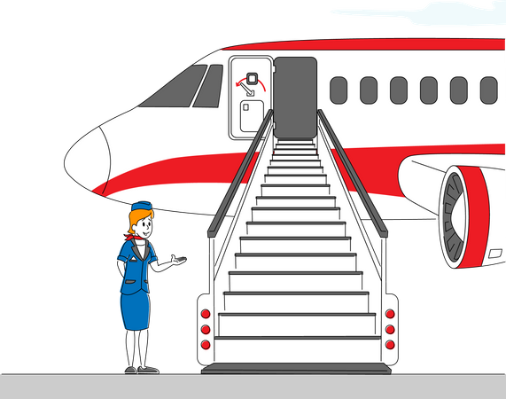 Air Hostess Girl Inviting Passengers on Airplane Boarding  Illustration