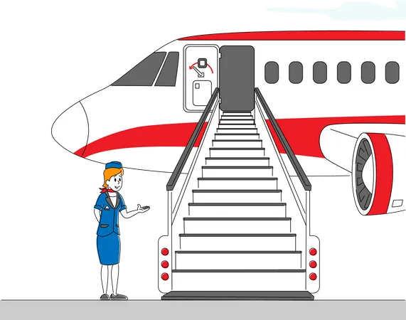 Air Hostess Girl Inviting Passengers on Airplane Boarding  Illustration