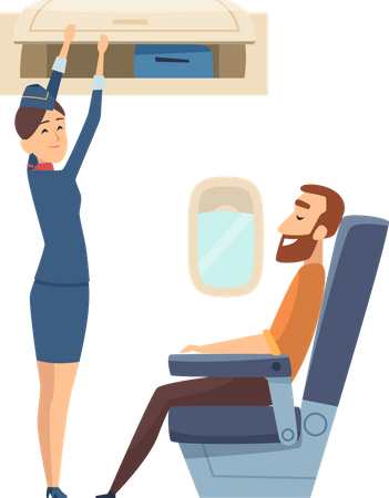 Air hostess shutting luggage door  Illustration