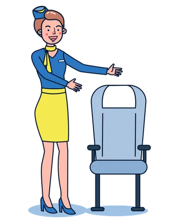 Cartoon Character Design Set Of One Charactor Stewardess In Blue And Yellow Uniform Air Hostess Demonstrate The Use Of Emergency Equipment On Board To Passengers Vector Illustration Flat Design Illustration