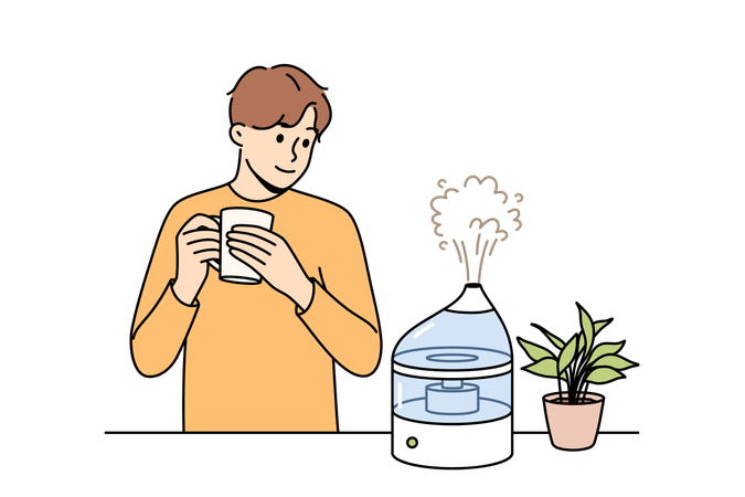 Air humidifier on table near man to avoid dryness in room and create comfortable atmosphere  Illustration