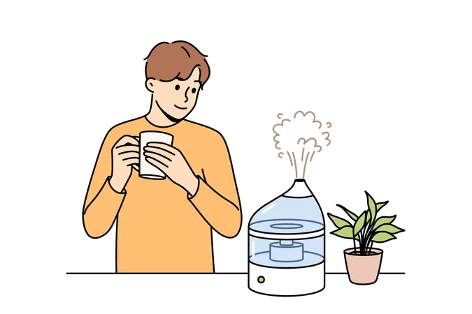 Air humidifier on table near man to avoid dryness in room and create comfortable atmosphere  Illustration