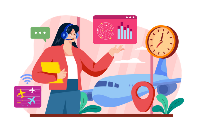 Air traffic controller managing airplanes flights  일러스트레이션