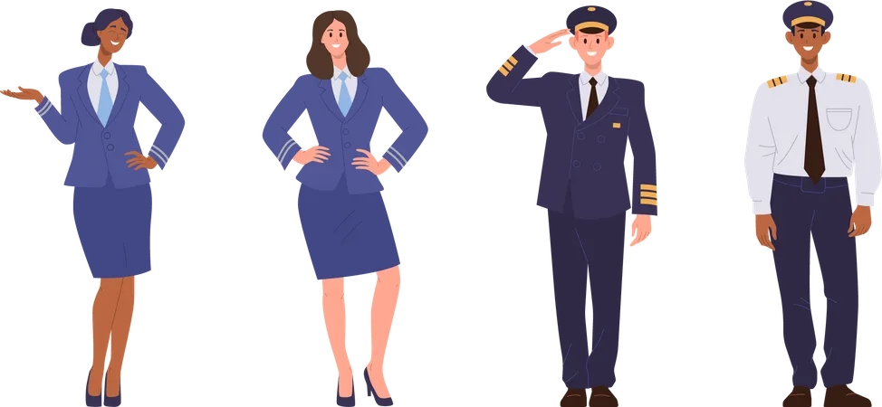 Set Of Aircraft Crew Aviation Staff And Air Team Members Characters Standing Isolated On White Background Vector Illustration Of Cartoon Pilot Captain Air Hostesses Or Stewardesses Wearing Uniform Illustration