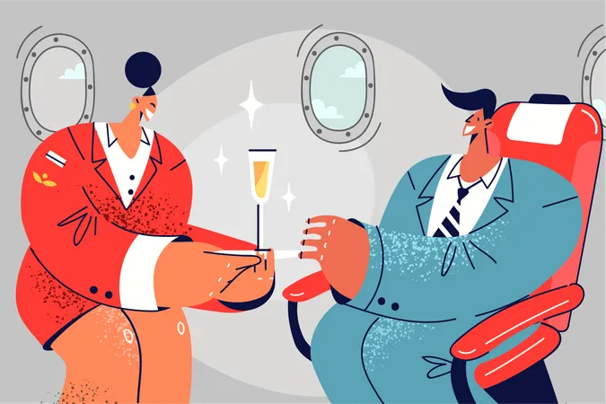 Airhostess give drink glass to male passenger  Illustration