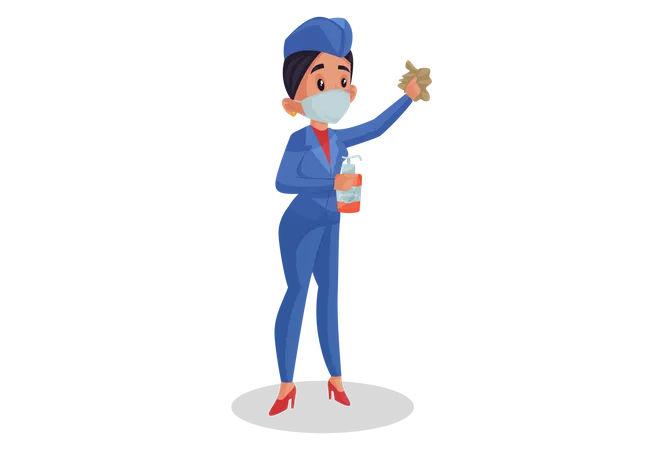 Airhostess holding sanitizer  Illustration