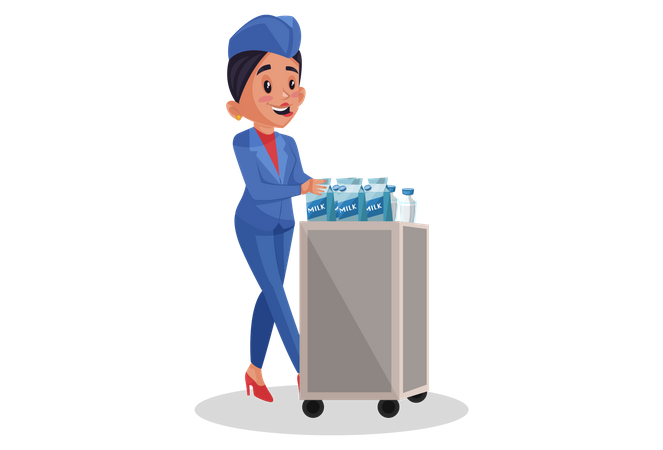 Airhostess walking with meal box  Illustration