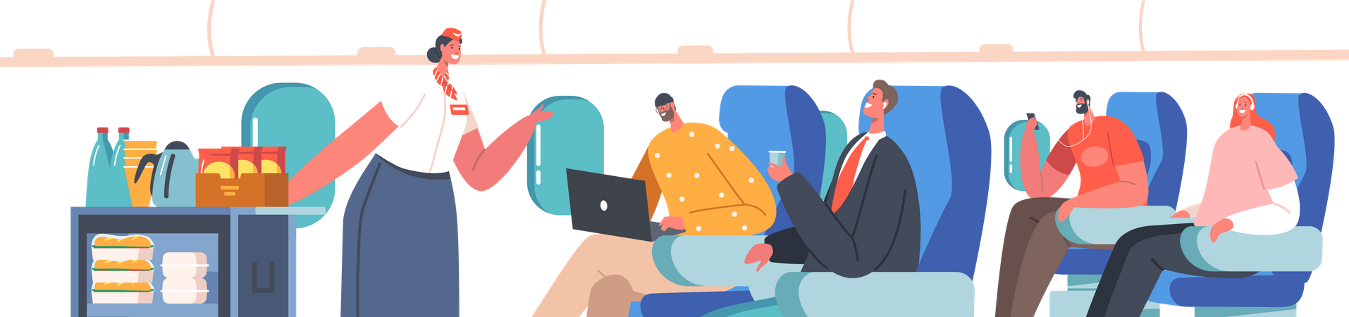 Airplane Crew and Passengers in Plane Illustration