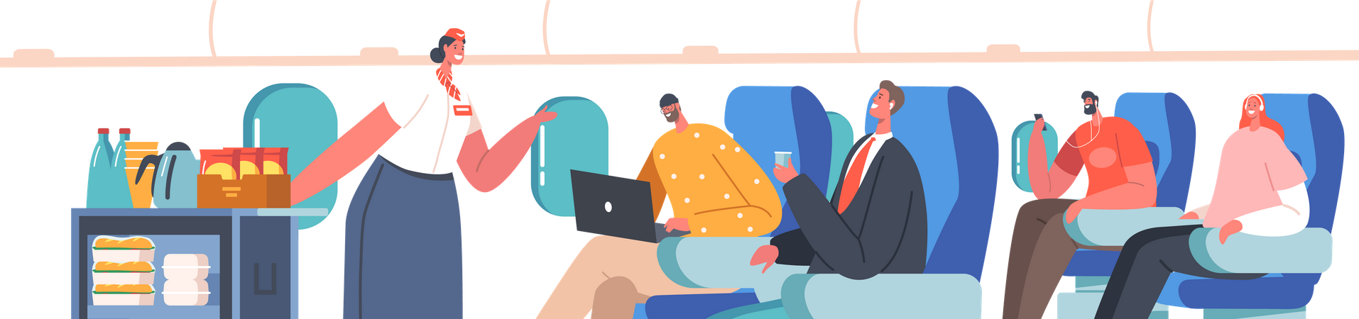 Airplane Crew and Passengers in Plane  Illustration