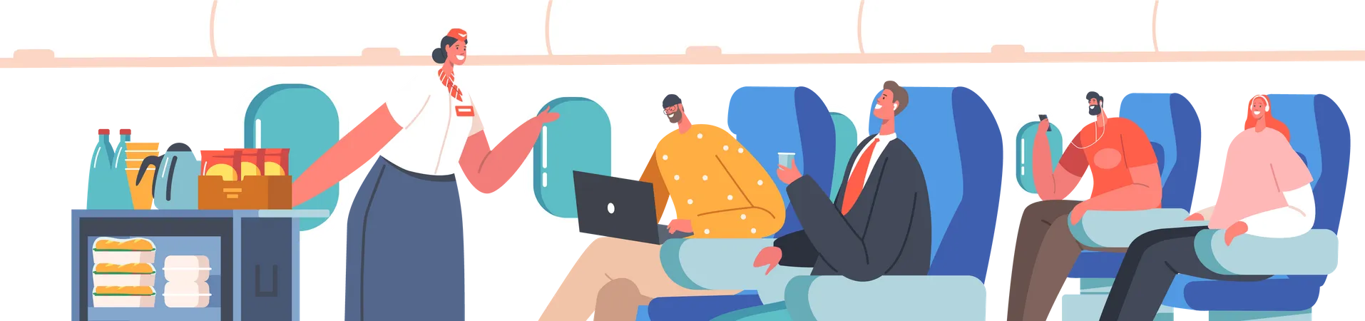 Airplane Crew and Passengers in Plane  Illustration