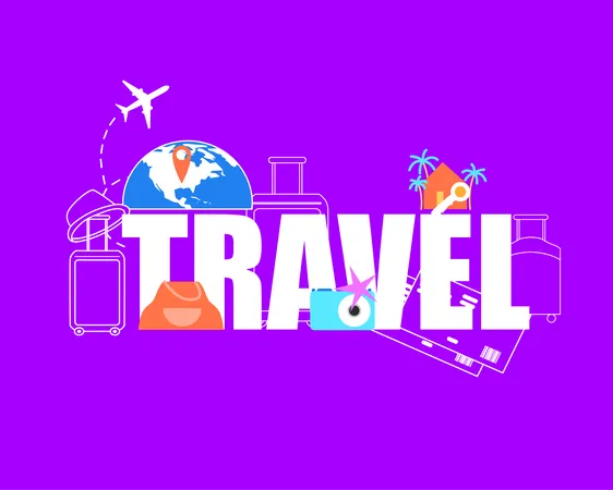 Airplane Flying around World Globe, Destination Pin on Map, Baggage Gags, Airline Tickets Illustration