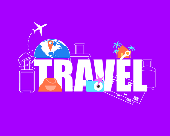 Airplane Flying around World Globe, Destination Pin on Map, Baggage Gags, Airline Tickets  Illustration