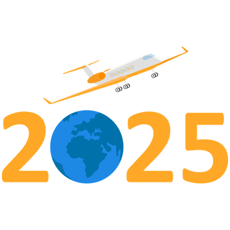 Airplane flying around world in 2025 on sky  Illustration