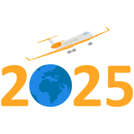 Airplane flying around world in 2025 on sky  Illustration
