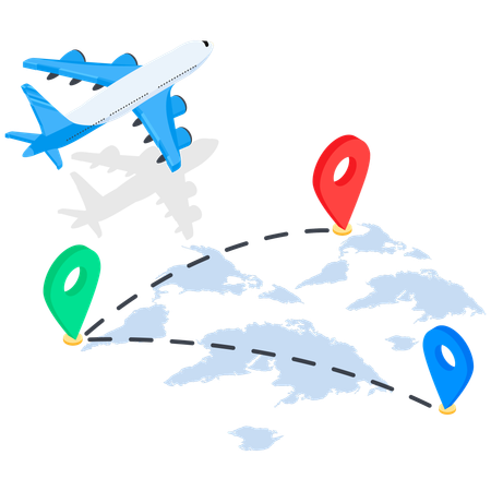 Airplane flying over a simplified World Map with dotted Travel Routes  Illustration
