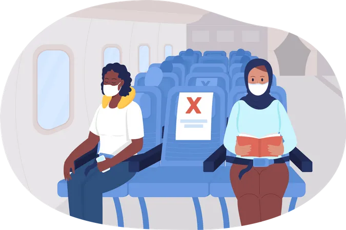 Airplane Safe Social Distancing 2 D Vector Isolated Illustration Plane Passengers In Facial Masks Flat Characters On Cartoon Background Travel Precautions Post Covid Colourful Scene Illustration