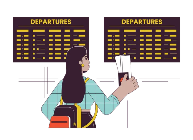Airport Departure Flat Line Vector Spot Illustration Travelling Airport Student Female 2 D Cartoon Outline Character On White For Web UI Design Girl With Tickets Editable Isolated Colorful Hero Image Illustration