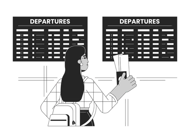Airport Departure Bw Vector Spot Illustration Travelling Airport Student Female 2 D Cartoon Flat Line Monochromatic Character For Web UI Design Girl With Tickets Editable Isolated Outline Hero Image Illustration