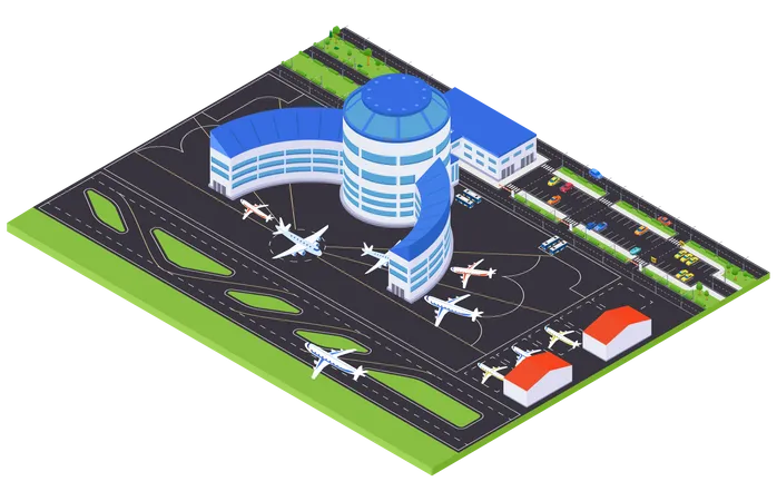 Airport Infrastructure Modern Vector Colorful Isometric Illustration A Composition With Aerodrome Airplanes Hangars Terminals Parking Lots Taxi Stands Transportation City Architecture Idea Illustration