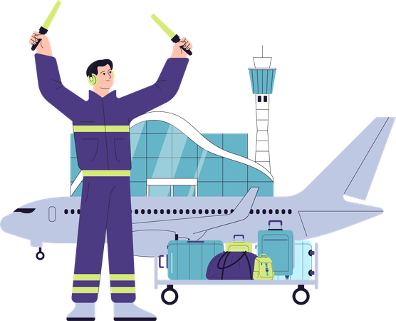 Airport marshaller directing airplane on tarmac with luggage ready for loading  Illustration