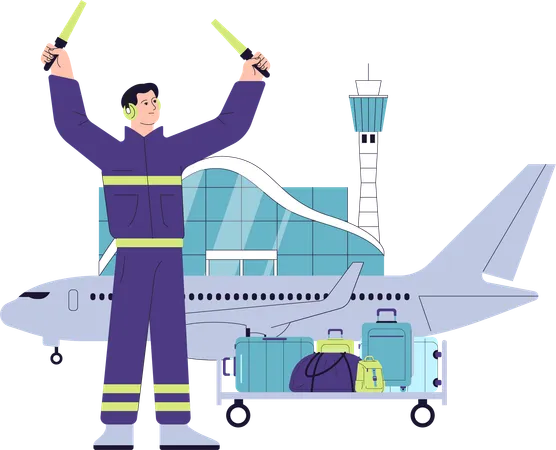 Airport marshaller directing airplane on tarmac with luggage ready for loading  イラスト