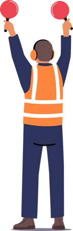 Airport Marshaller Male Character With Light Signs Signaling To Plane At The Airport Runway Aircraft Ground Handling Aviation Marshal Traffic Control Worker Cartoon People Vector Illustration 일러스트레이션