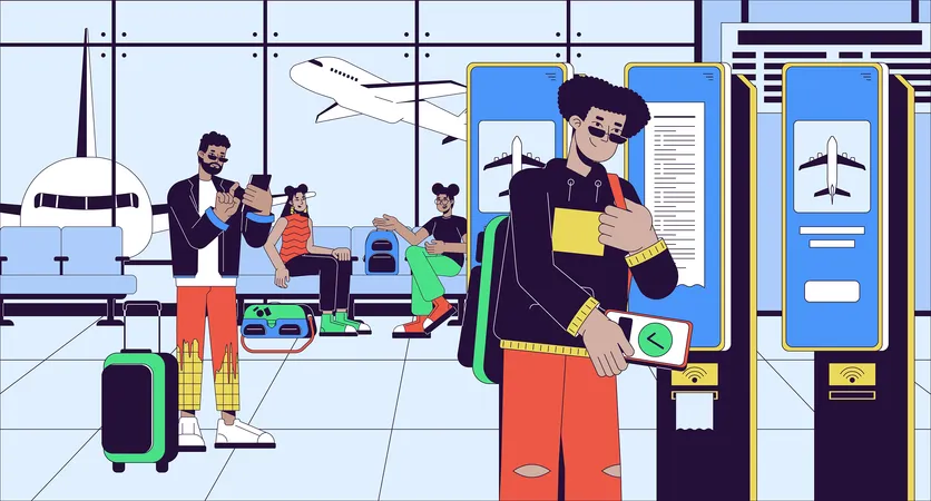 Airport passenger doing self check in  イラスト