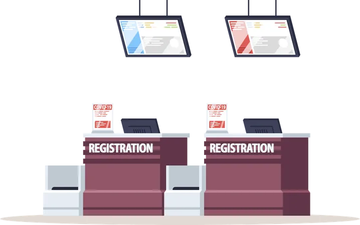 Airport registration counter with coronavirus warning Illustration