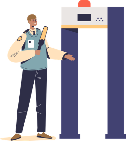 Airport security checkpoint worker man scanning passengers at metal detector gate before flight Illustration