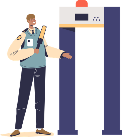 Airport security checkpoint worker man scanning passengers at metal detector gate before flight  Illustration