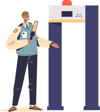 Airport security checkpoint worker man scanning passengers at metal detector gate before flight  Illustration