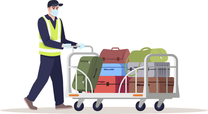 Airport staff wearing mask transporting luggage  Illustration