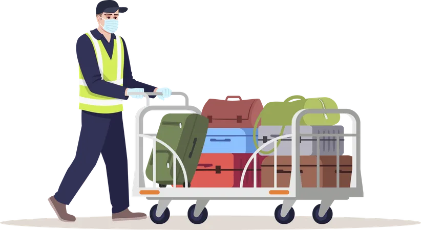 Airport staff wearing mask transporting luggage  Illustration