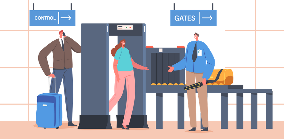 Airport Terminal Checkpoint Metal Detector with Traveler Characters and Baggage  Illustration