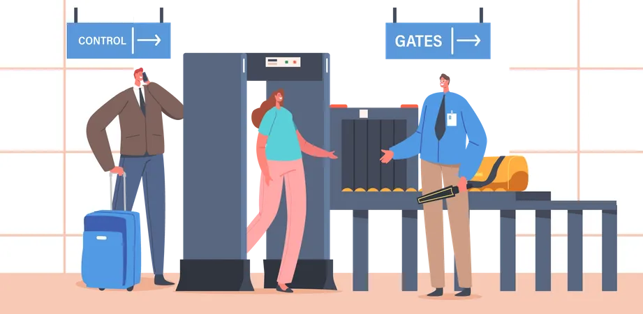 Airport Terminal Checkpoint Metal Detector with Traveler Characters and Baggage  Illustration