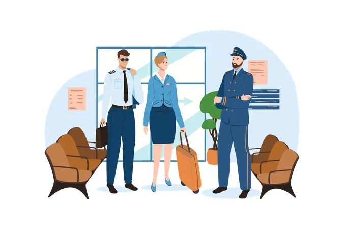 Airport Blue Concept With People Scene In The Flat Cartoon Design Airport Workers Are Preparing For The Departure Of A New Plane Vector Illustration Illustration