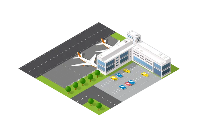 Isometric 3 D Airstrip Of The City International Airport Terminal And The Plane Transportation And Airplane Runway Aircraft Jet Urban Transport And Building Construction Roads Trees And Paths Illustration