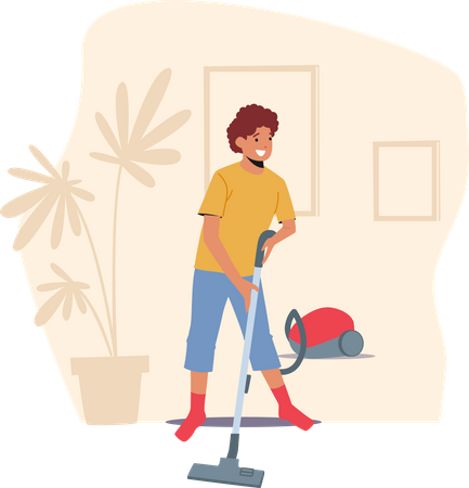Ajudante infantil aspirando casa com aspirador de pó  Ilustração