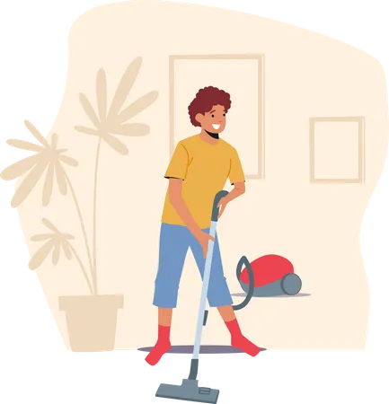 Ajudante infantil aspirando casa com aspirador de pó  Ilustração