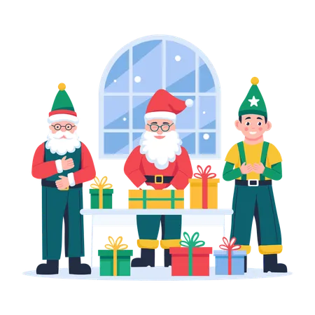 Ajudante de Papai Noel ajudando o Papai Noel  Ilustração